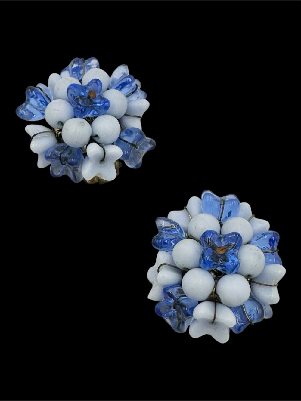 Western Germany Vintage 50s Blue Flower Cluster Clip On Earrings